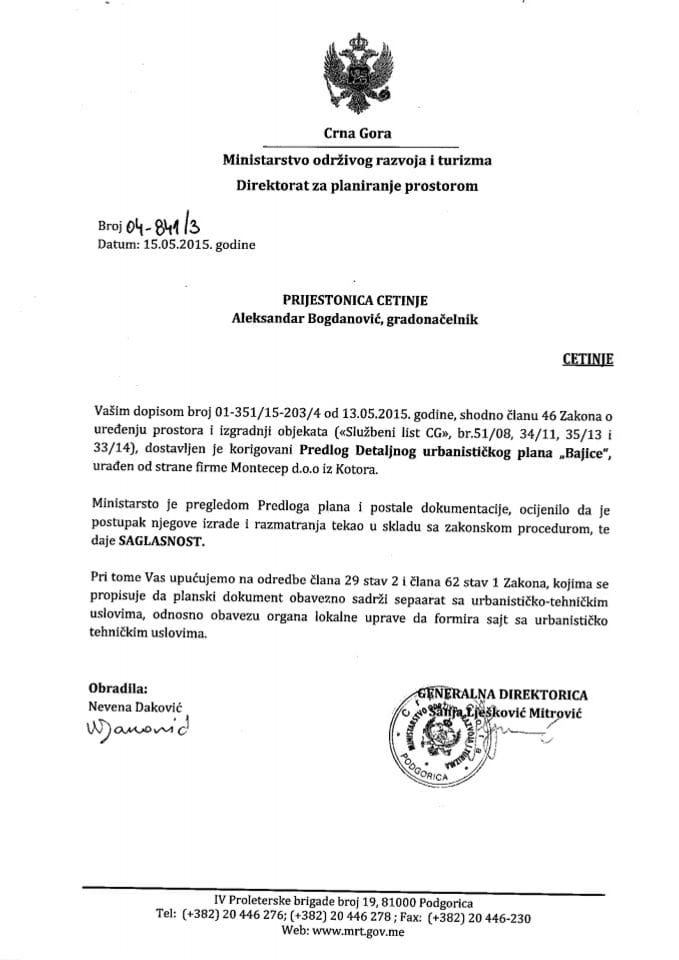 04_841_3 Saglasnost na Predlog DUP-a Bajice Prijestonica Cetinje