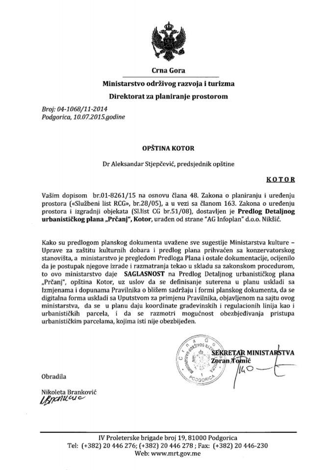 04_1068_11_2014 Saglasnost na Predlog DUP-a Prcanj Opstina Kotor