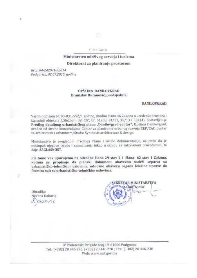 04_2420_18_2014 Saglasnost na Predlog DUP-a Danilovgrad centar Opstina Danilovgrad