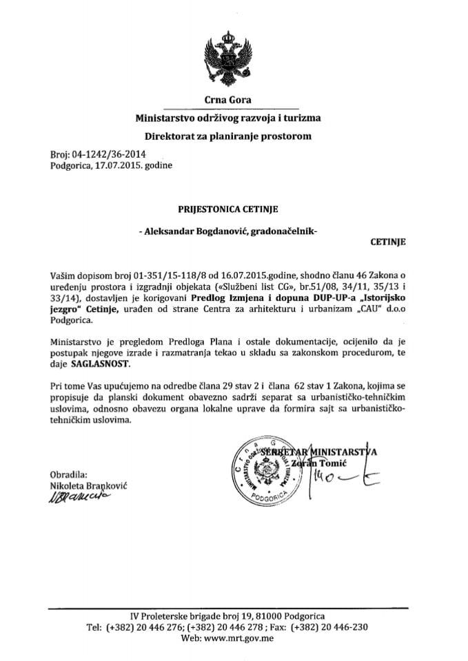 04_1242_36_2014 Saglasnost na Predlog IID DUP-UP-a Istorijsko jezgro Prijestonica Cetinje