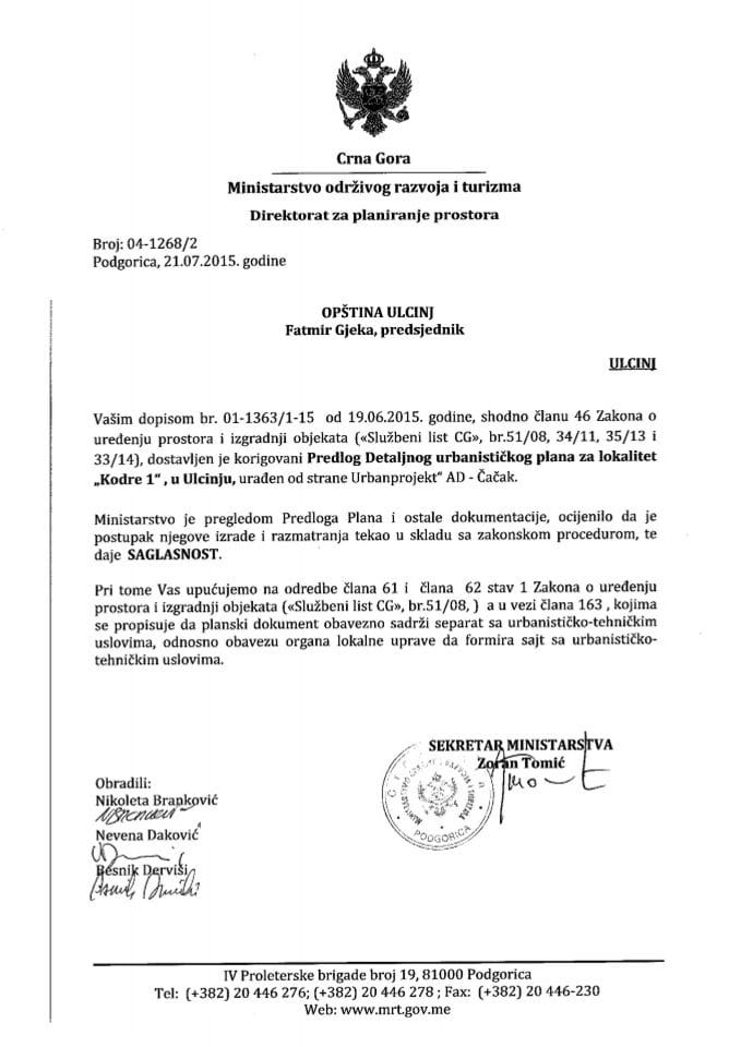 04_1268_2 Saglasnost na Predlog DUP-a Kodre 1 - Opština Ulcinj