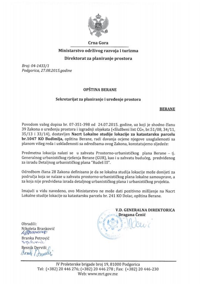 04_1433_1 Misljenje na nacrt LSL za kp 1047 KO Budimlja Opstina Berane