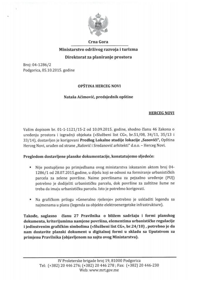 04_1286_2 Сагласност на Предлог Локалне студије локације 'Сасовици', Херцег Нови