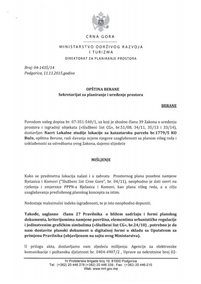 04_1435_14 Misljenje na Nacrt LSL  za katastarsku parcelu br.1779_5 KO Buce Opstina Berane