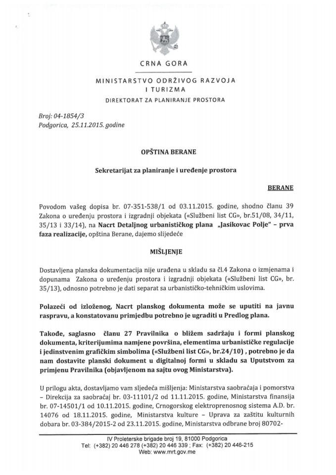 04_1854_3 Misljenje na Nacrt DUP-a Jasikovac polje, prva faza realizacije, opstina Berane