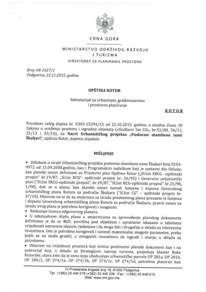 04-1927_1 Misljenje na Nacrt UP Poslovno stambene zone Skaljari, Kotor