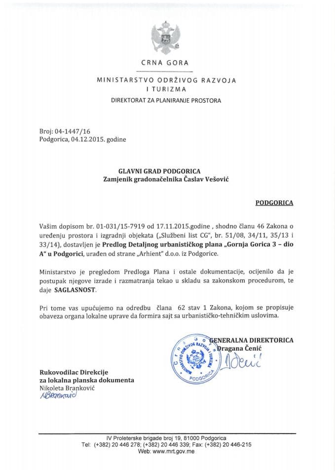 04-1447_16 Saglasnost na Predlog DUP-a Gornja Gorica 3 - dio A, Podgorica