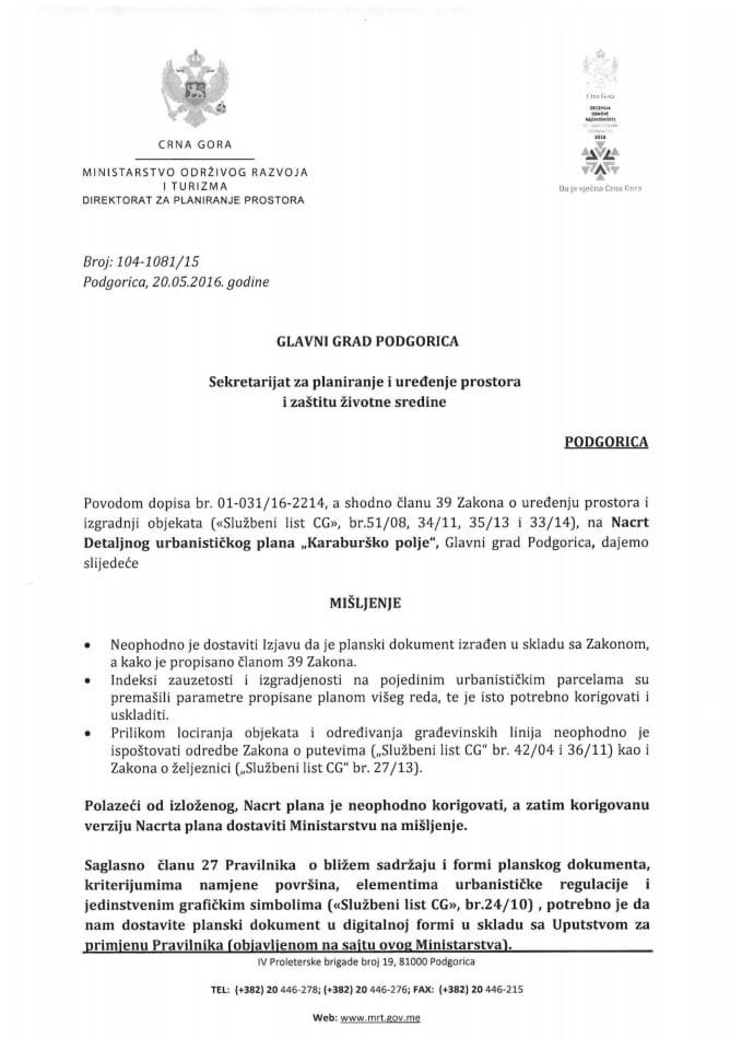 104_1081_15 Misljenje na Nacrt DUP Karabusko Polje Glavni Grad Podgorica