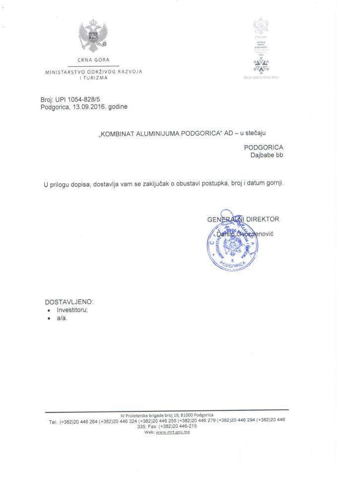 UPI 1054_828_5 Kombinat aluminijuma Podgorica ad u stecaju