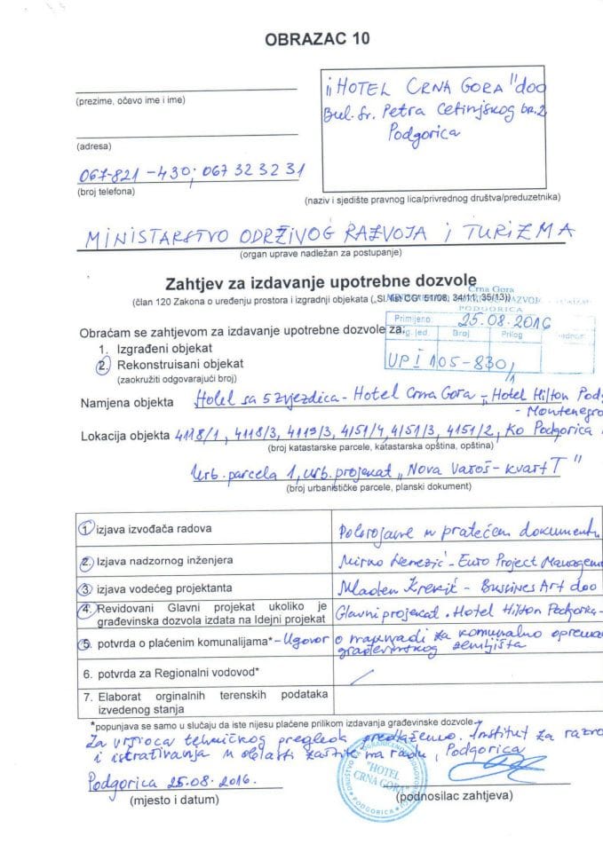 UPI 105 830 1 HOTEL CRNA GORA doo