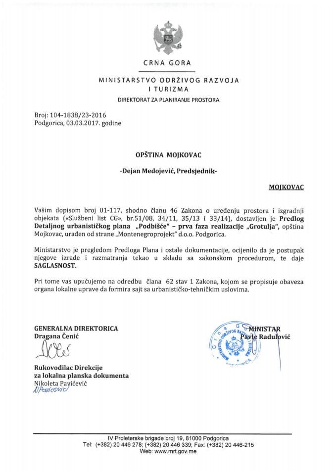 104-1838_23-2016 Saglasnost na Predlog DUPa Podbisce -prva faza realizacije Grotulja, Mojkovac
