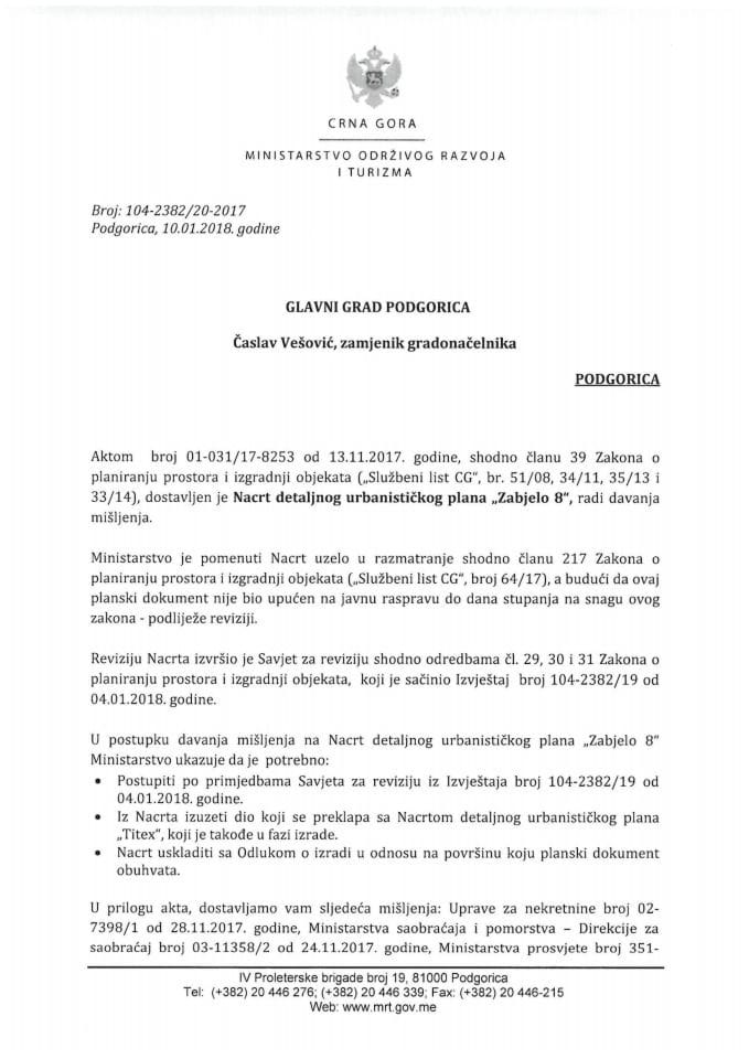 104-2382_20-2017 Misljenje na Nacrt DUP Zabjelo 8, Glavni grad Podgorica