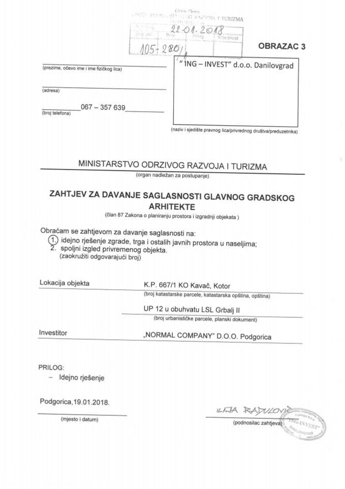 22.01.2018. Zahtjev - Normal Company doo Podgorica - Kotor - UP12