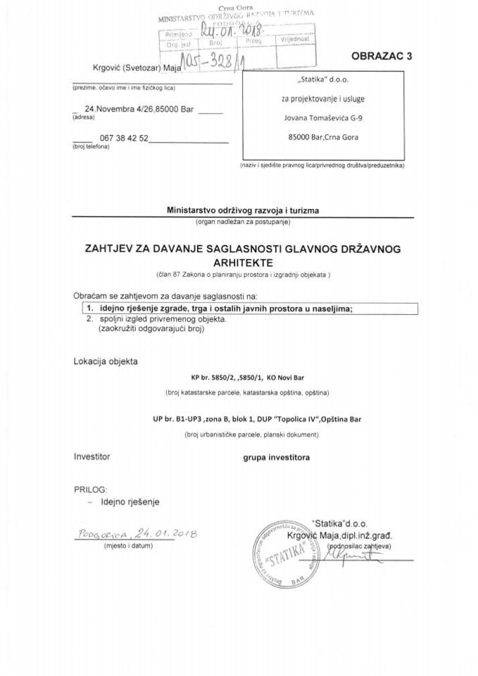 24.01.2018. Zahtjev - Statika doo - Bar