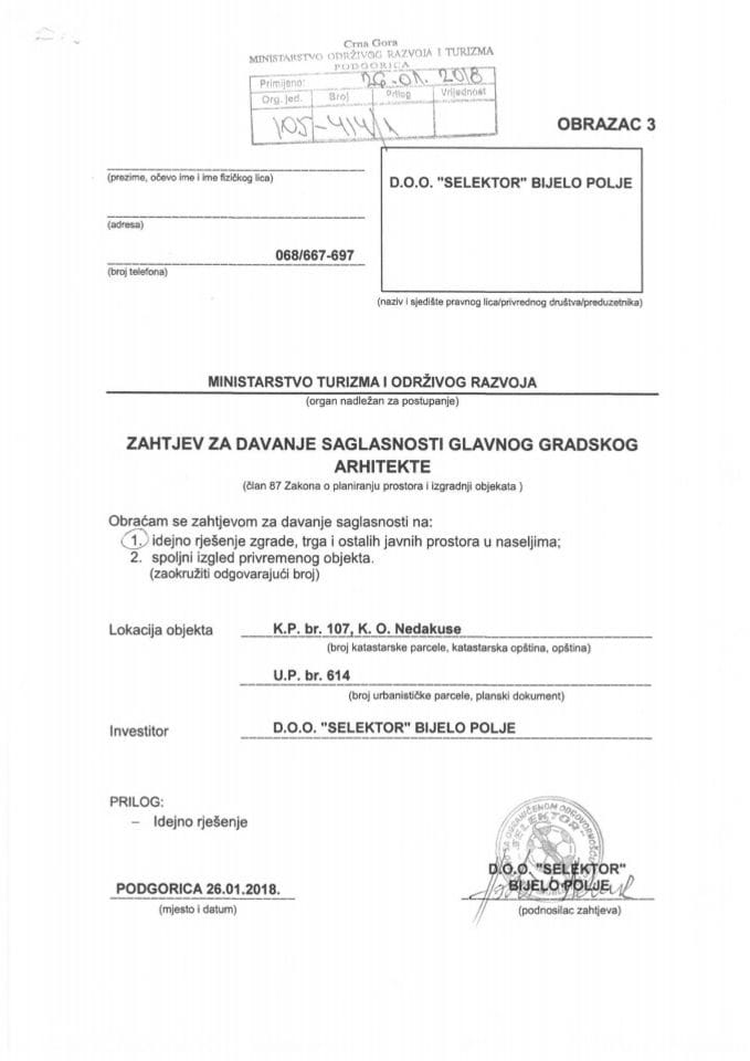 26.01.2018. Zahtjev - Selektor doo - Bijelo Polje