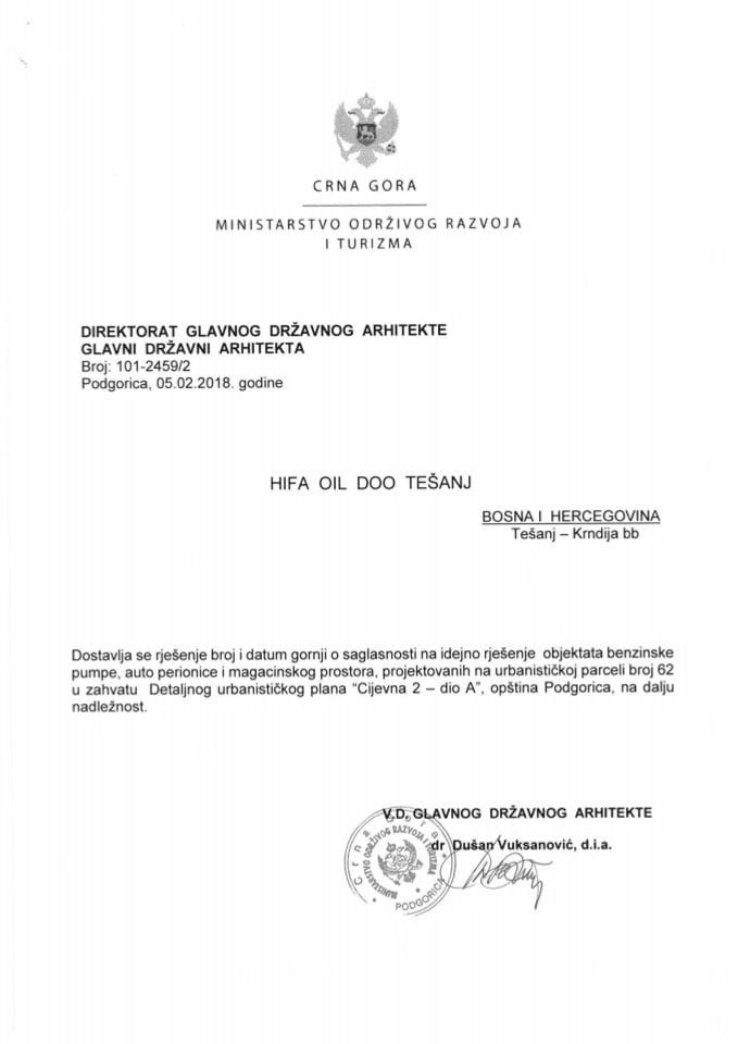 05.02.2018. Rješenje - Hifa Oil doo Tešanj - Podgorica