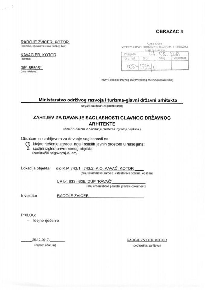 07.02.2018. Zahtjev -Radoje Zvicer - Kotor