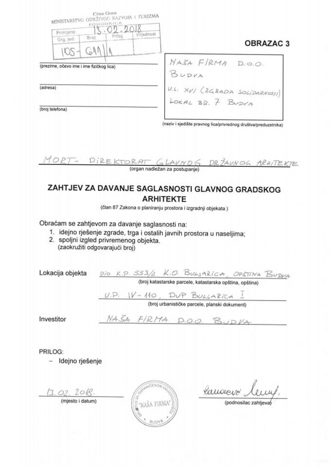 13.02.2018. Zahtjev - NAŠA FIRMA - Budva