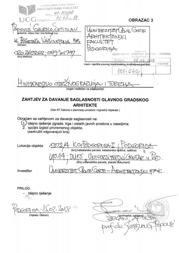 15.02.2018. Zahtjev -UCG Arhitektonski fakultet - Podgorica