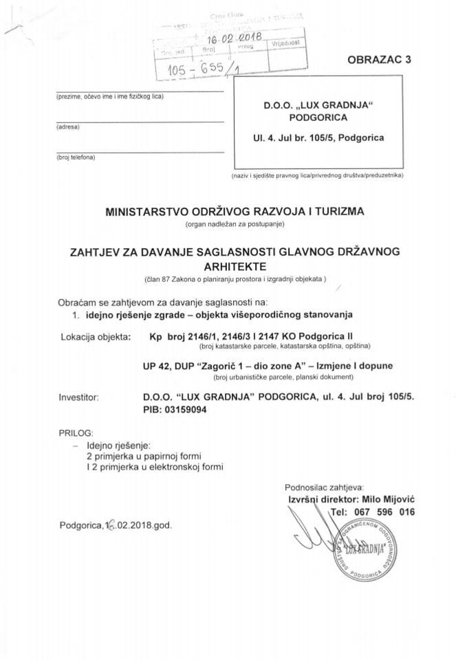 16.02.2018. Zahtjev -LUX GRADNJA - Podgorica