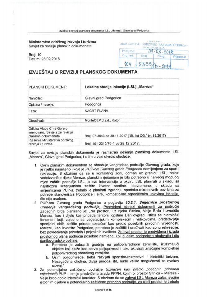 Извјештај о извршеној ревизији Нацрта Локалне студије локације Мареза