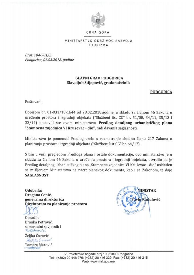 104-901_2 Saglasnost na Predlog DUP Stambena zajednica VI Kruševac-dio,Glavni grad Podgorica