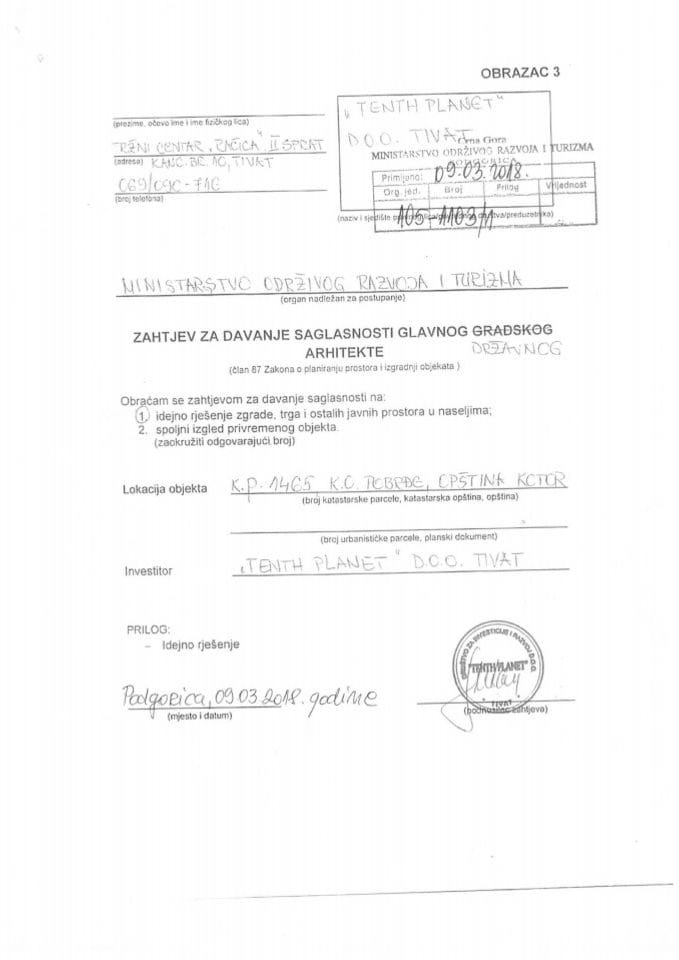 09.03.2018. - Zahtjev - Tenth planet - Kotor