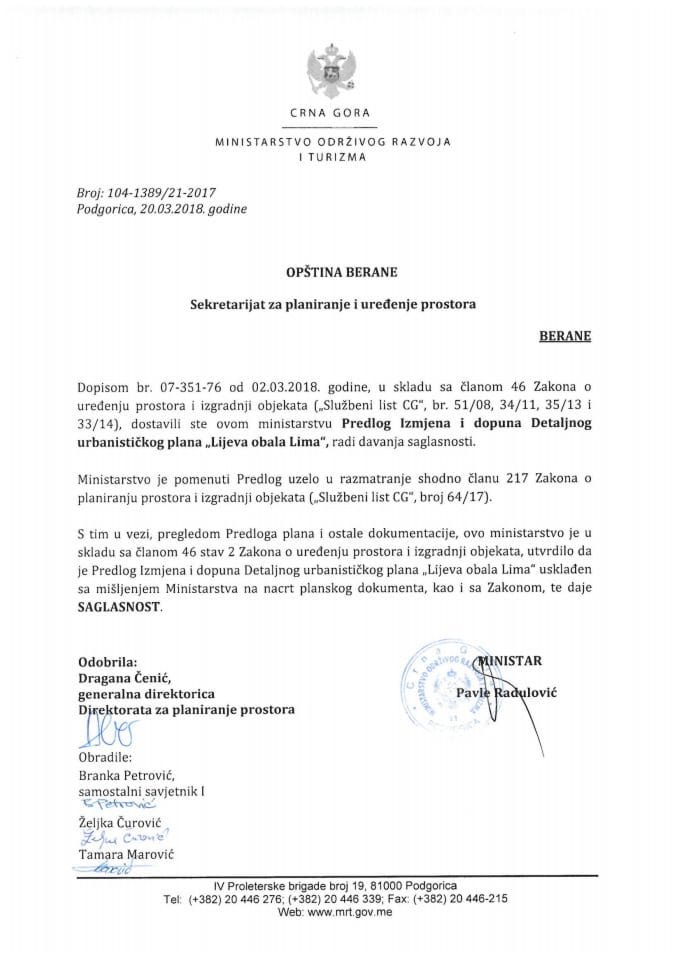 104-1389_21-2017 Saglasnost na Predlog Izmjena i dopuna DUP Lijeva obala Lima, Opština Berane