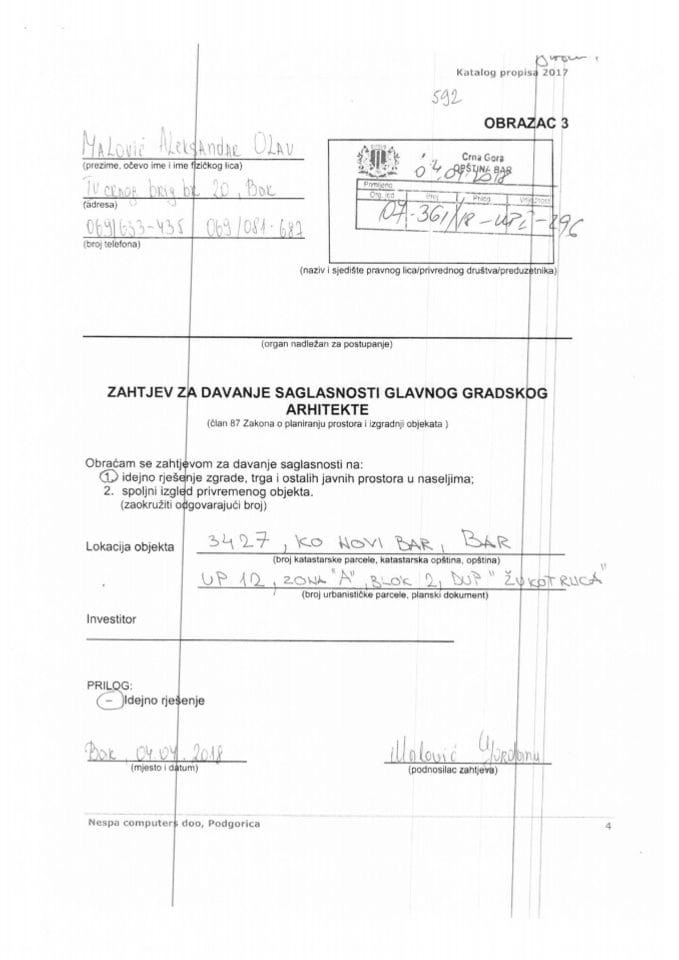 13.04.2018. Zahtjev - Malović Olav - Bar