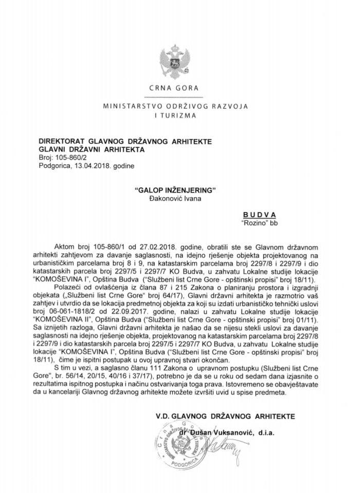 13.04.2018. Obavještenje - GALOP INŽENJERING doo - Budva