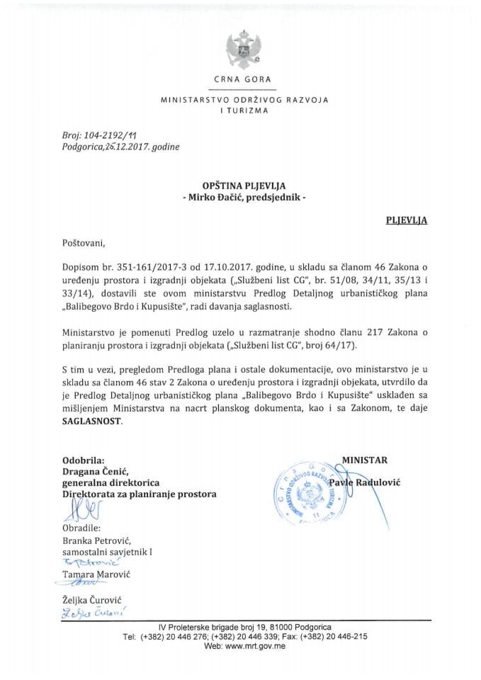 104-2192_11 Saglasnost na Predlog DUP Balibegovo Brdo i Kupusište, opština Pljevlja