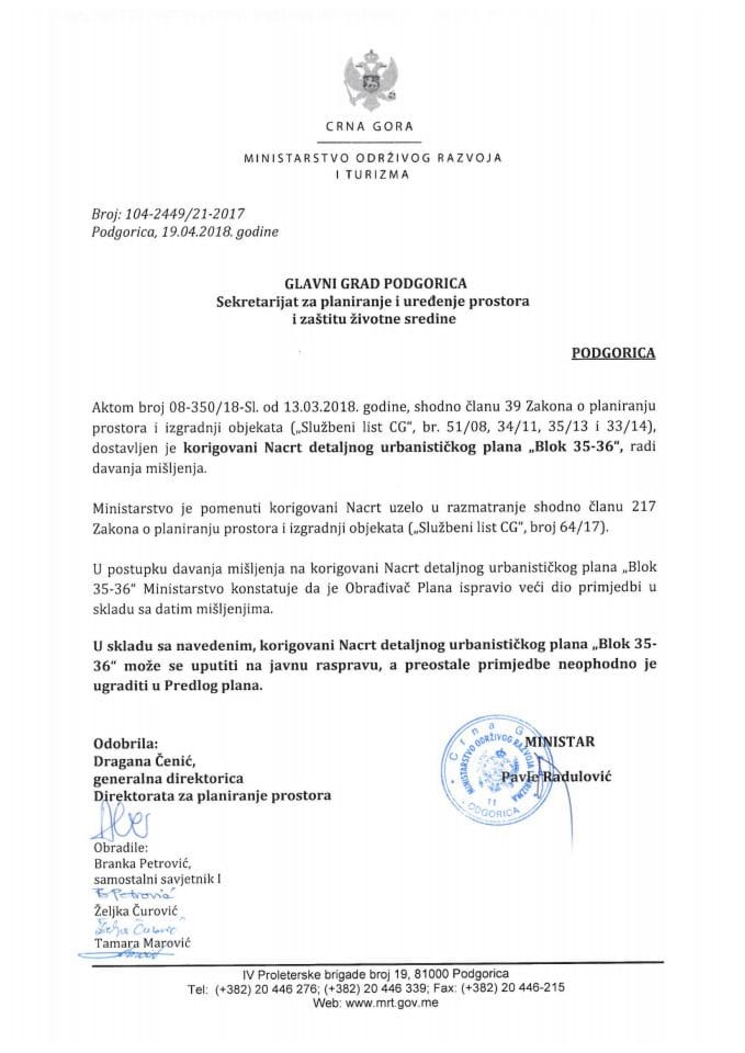 104-2449_21-2017 Misljenje na korigovani Nacrt DUP Blok 35-36, Glavni grad Podgorica
