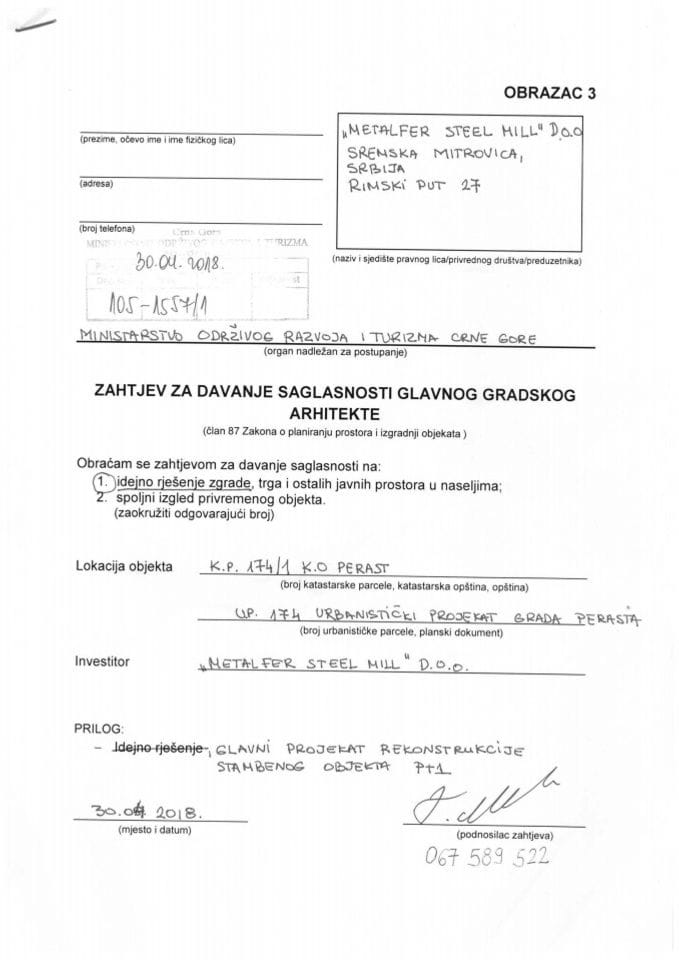 30.04.2018. Zahtjev - METALFER STEEL MILL DOO - Kotor