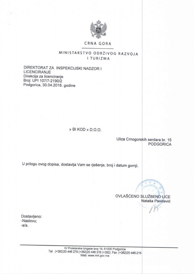 UPI 107-7 2190-2  BI KOD D.O.O.