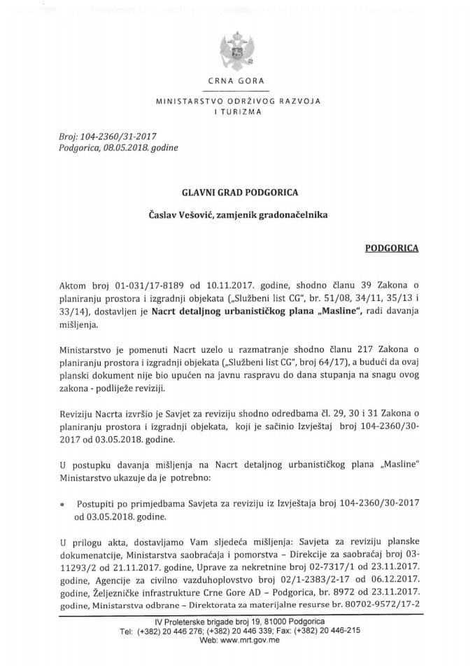 104-2360_31-2017 Misljenje na Nacrt DUP Masline, Glavni grad Podgorica