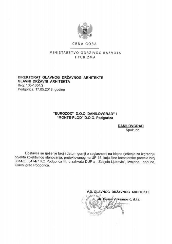 17.05.2018. Rješenje - EUROZOX D.O.O. i MONTE-PLOD D.O.O. - Podgorica