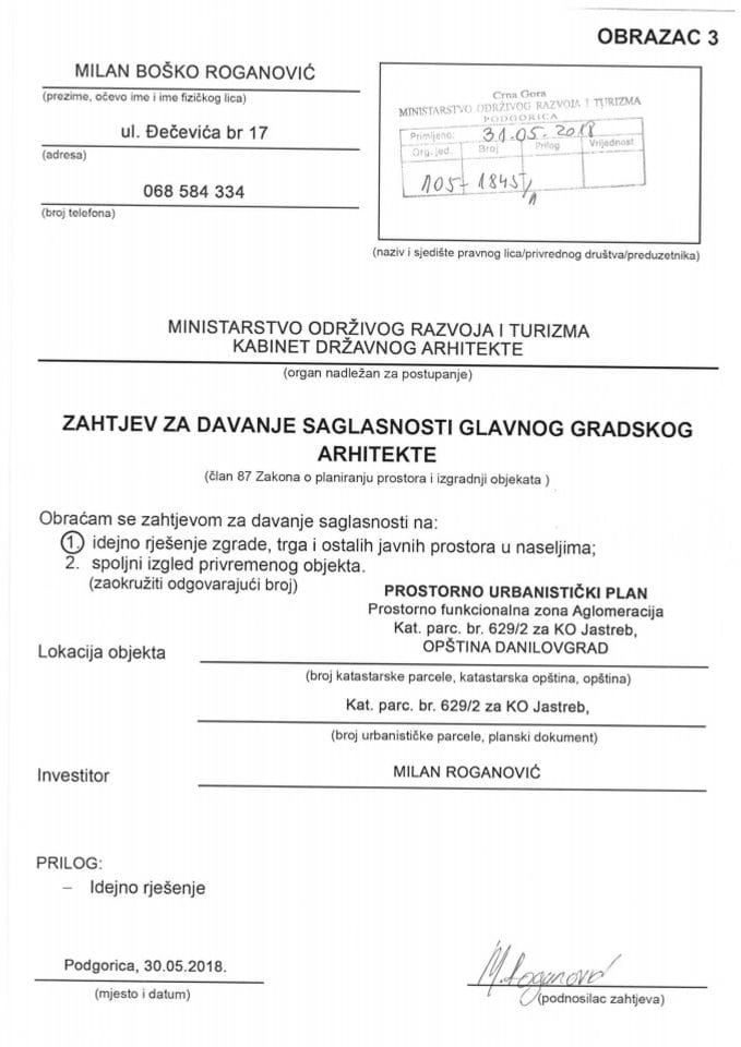 31.05.2018. Zahtjev - Milan Roganović - Danilovgrad