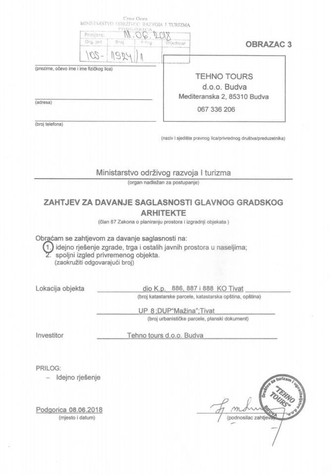 11.06.2018. Zahtjev - TEHNO TOURS d.o.o. Budva - Tivat