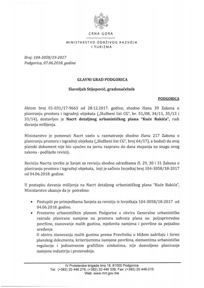 104-3058_19-2017 Misljenje na Nacrt DUP Kuće Rakića,Glavni grad Podgorica