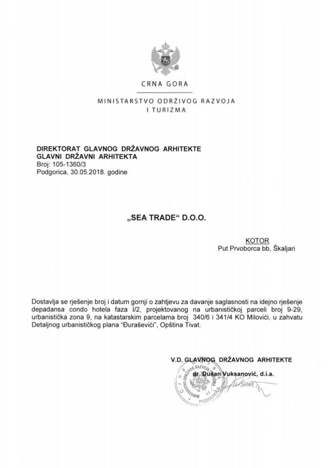30.05.2018. Rješenje - SEA TRADE d.o.o. - UP 9-29 - Tivat