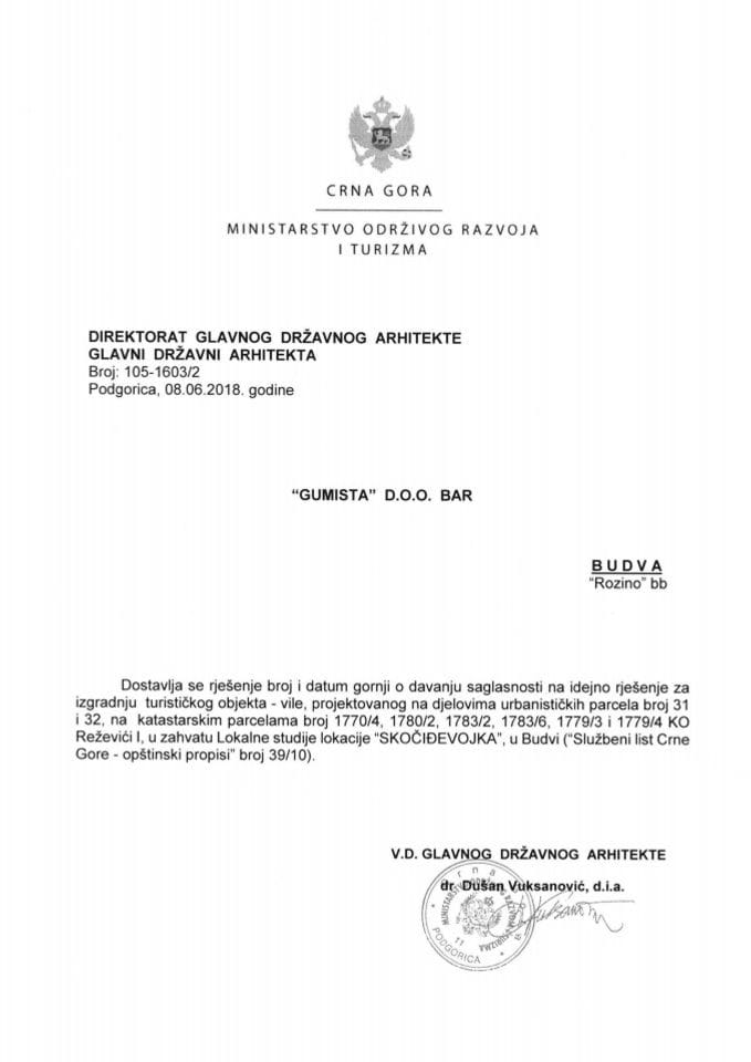 08.06.2018. Rješenje - GUMISTA d.o.o. Bar - Budva