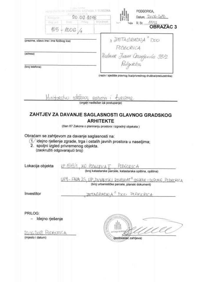 20.06.2018. Zahtjev - Zetagradnja d.o.o. - UP1 - Faza 2S - Podgorica