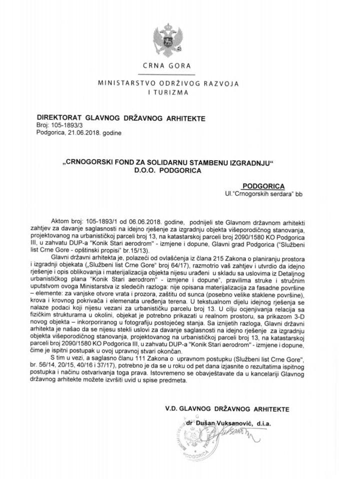 21.06.2018. Obavještenje - Crnogorski fond za solidarno stambenu izgradnju - Podgorica