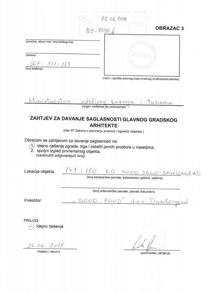 26.06.2018. Zahtjev - Good Food d.o.o. - Danilovgrad