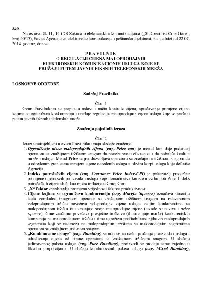 Pravilnik o regulaciji cijena maloprod._elektr. kom. usluga javnih fiks. telef. mreža