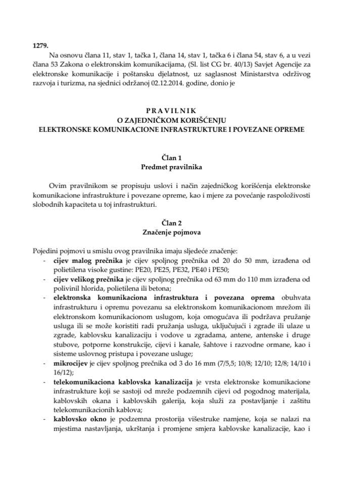 Pravilnik o zajedničkom korišćenju elektr. kom. infrastrukture i povezane opreme