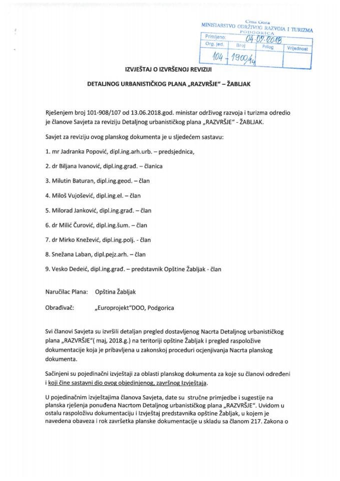Izvještaj o izvršenoj reviziji Nacrta DUP-a Razvršje - Žabljak