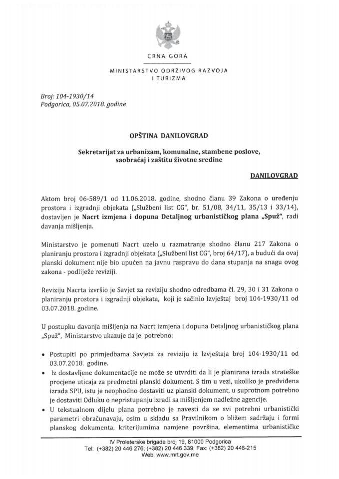 104-1930_14 Misljenje na Nacrt IID DUP-a Spuž, Opština Danilovgrad