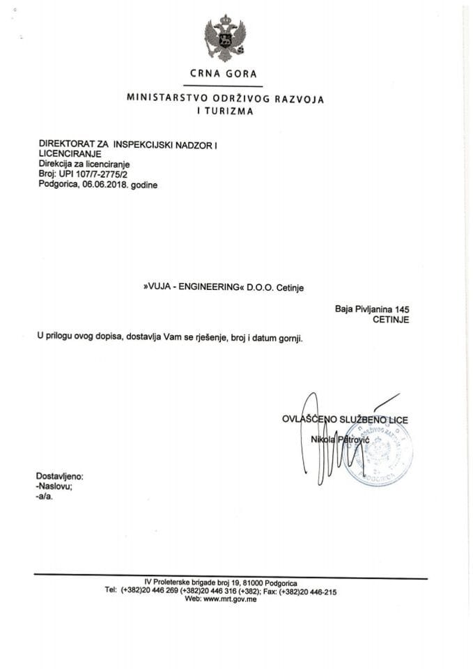 UPI-107-7-2775-2 VUJA-ENGINEERING DOO CETINJE