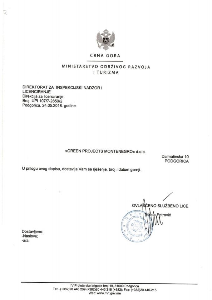UPI-107-7-2850-2 GREEN PROJECTS MONTENEGRO DOO